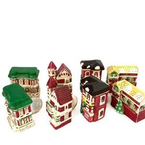 Vintage Christmas Village Ceramic Holiday Town Napkin Rings Two Sets of 4 rings